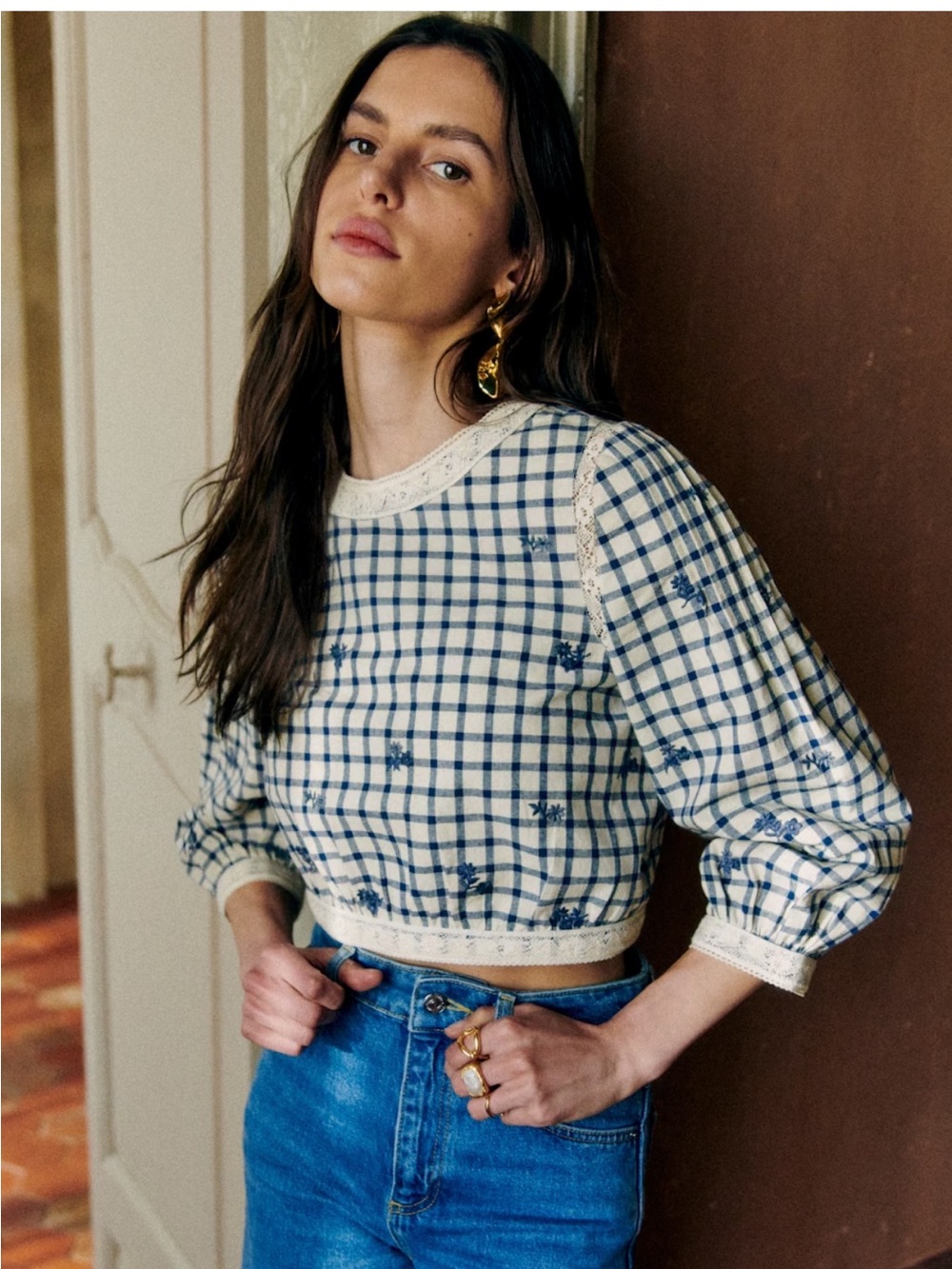 Thalyna Blouse Blue & White Checked Puff-Sleeve Top with Lace Trim